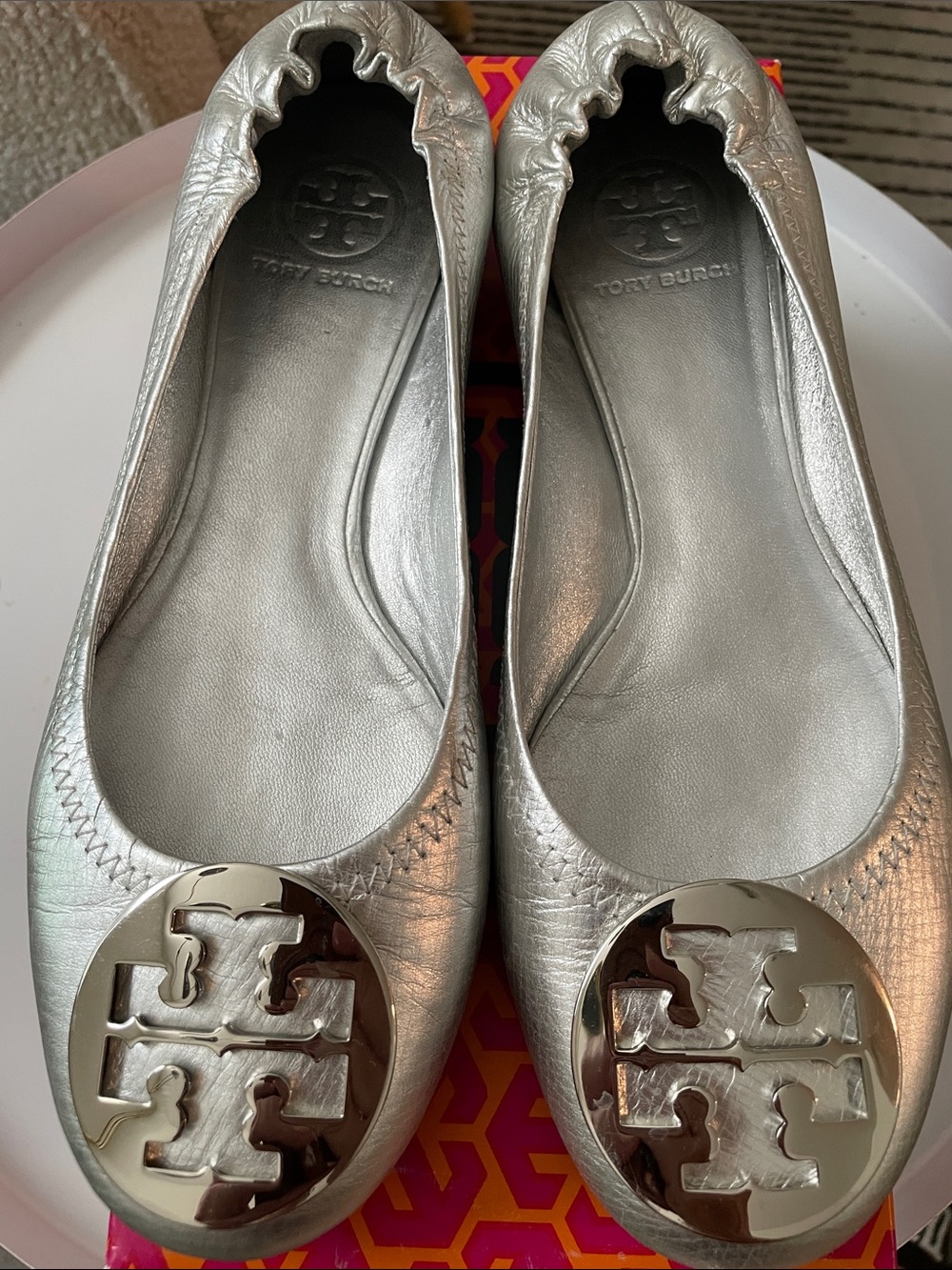 Tory Burch Metallic Silver Logo Ballet Flats
